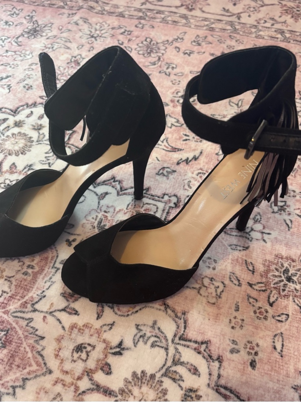Nine West Black Suede Fringe Ankle-Strap Heels